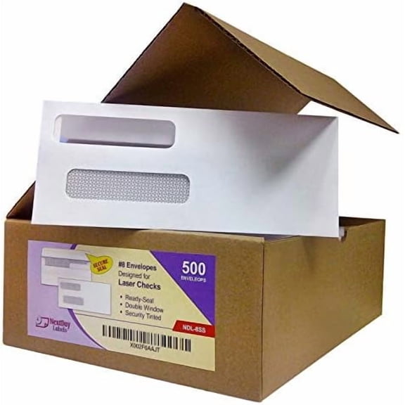 - Box of 500# 8 Self Seal Double Window Security Check Envelopes$$Office