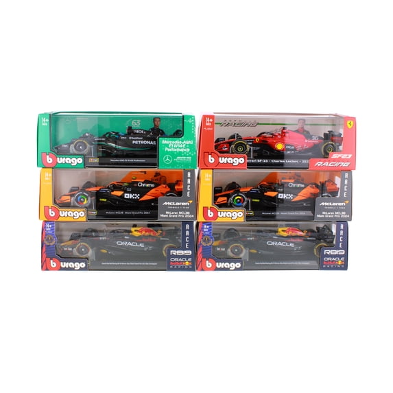 Box of 6 Formula One F1 Assorted Racing Cars w/Driver - Bburago 18-60060 - 1/24 Scale Diecast Model Cars