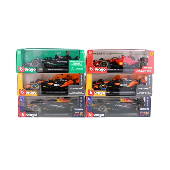 Box of 6 Formula One F1 Assorted Racing Cars w/Driver - Bburago 18-60060 - 1/24 Scale Diecast Model Cars