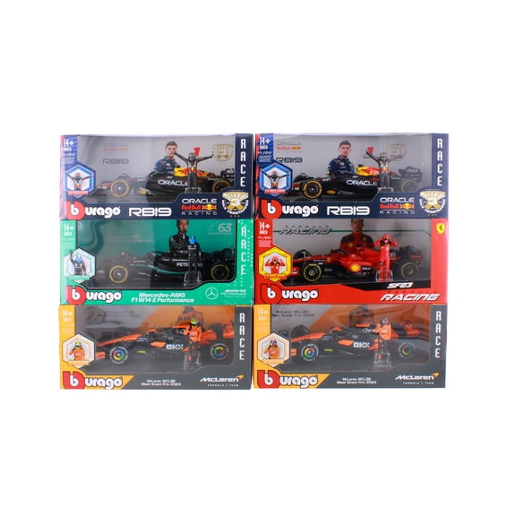Box of 6 Formula One F1 Assorted Racing Cars w/Driver - Bburago 18-60061 - 1/24 Scale Diecast Model Cars