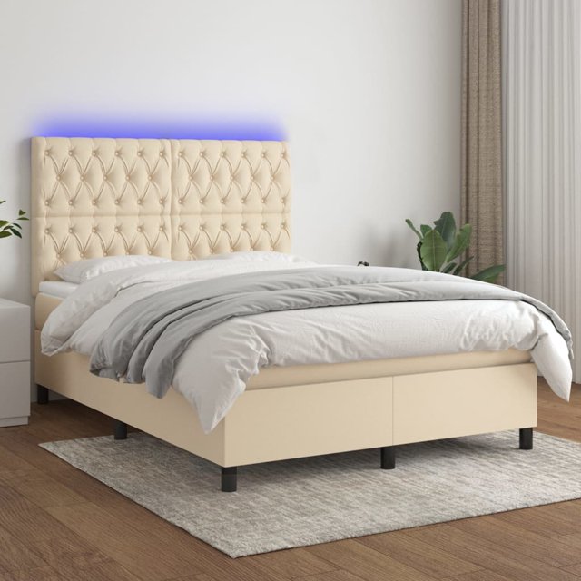 Box spring bed with mattress & LED cream 140x190 cm fabric
