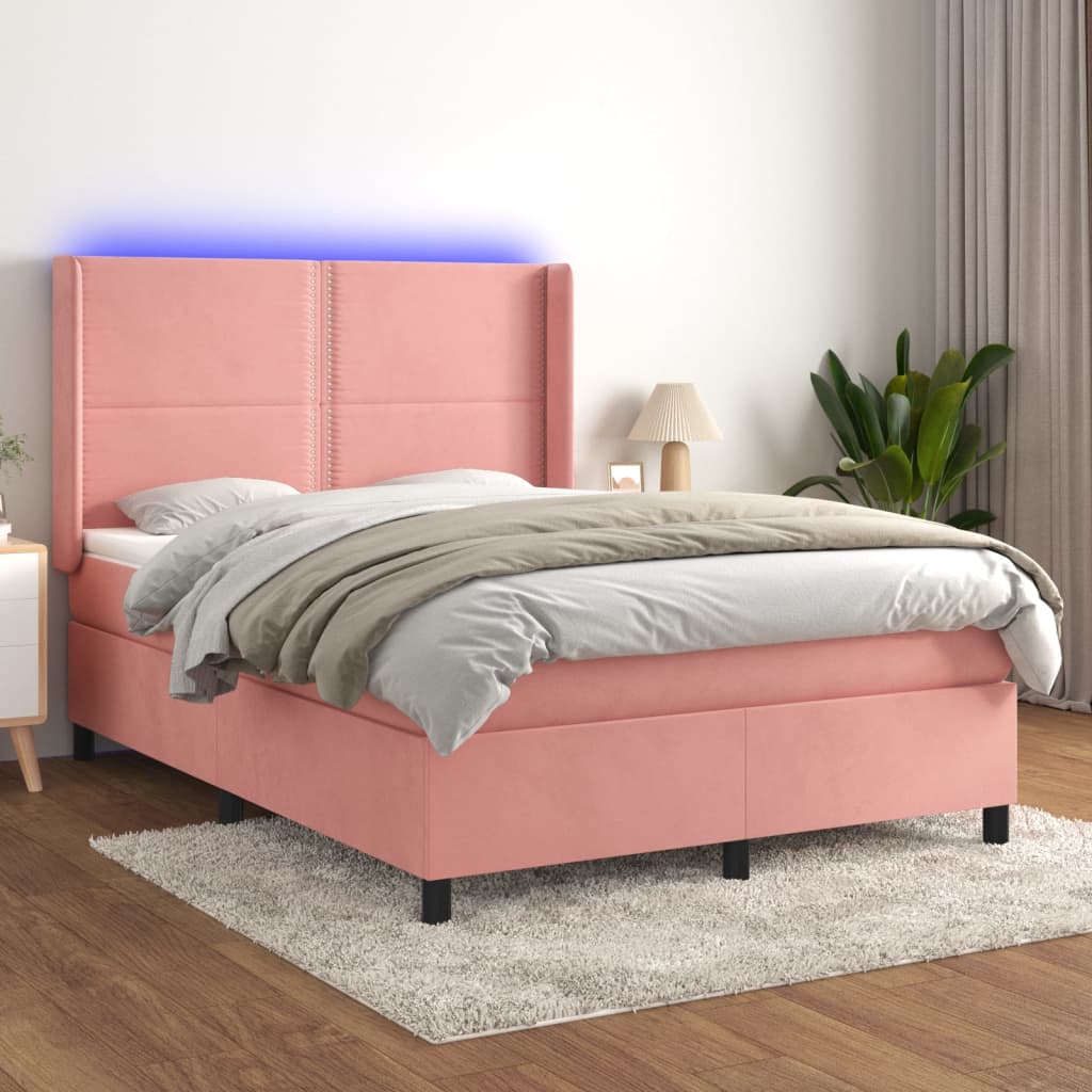 Box spring bed with mattress & LED pink 140x200 cm velvet