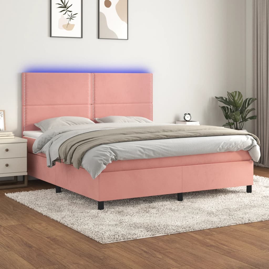Box spring bed with mattress & LED pink 180x200 cm velvet