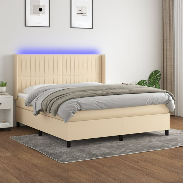 Box spring bed with mattress and LED Cream 160x200 cm Fabric