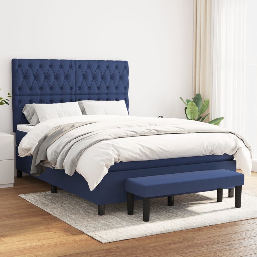 Box spring bed with mattress blue 140x190 cm fabric