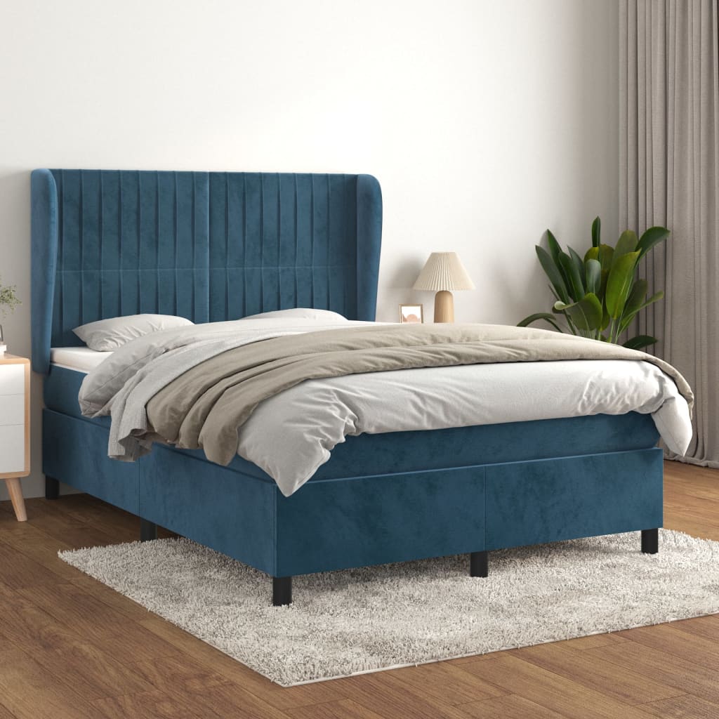 Box spring bed with mattress dark blue 140x190 cm velvet