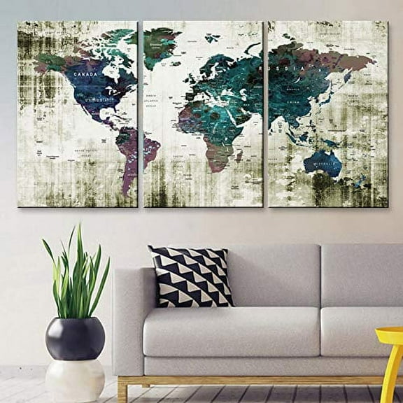 BoxColors-  LARGE 30"x 60" 3 panels 30x20 Ea Art Canvas Print Watercolor Green blue purple Old Map World Push Pin Travel Wall home decor (framed 1.5" depth) M1806