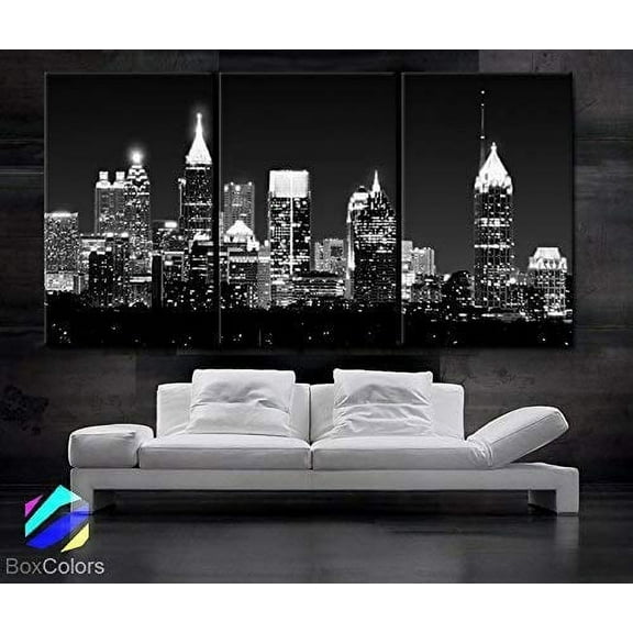 BoxColors - Large 30"x 60" 3 Panels 30"x20" Ea Art Canvas Print Beautiful Atlanta Skyline Light Buildings Wall Home (Included Framed 1.5" Depth)