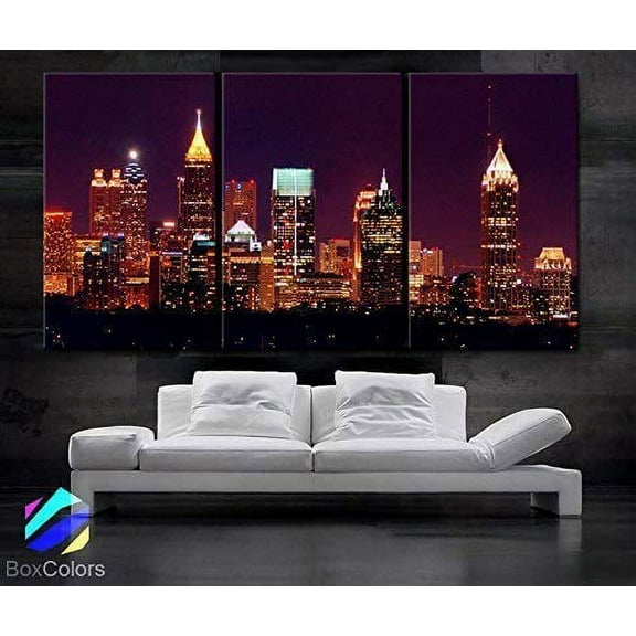 BoxColors - Large 30"x 60" 3 Panels 30"x20" Ea Art Canvas Print Beautiful Atlanta Skyline Light Buildings Wall Home (Included Framed 1.5" Depth)