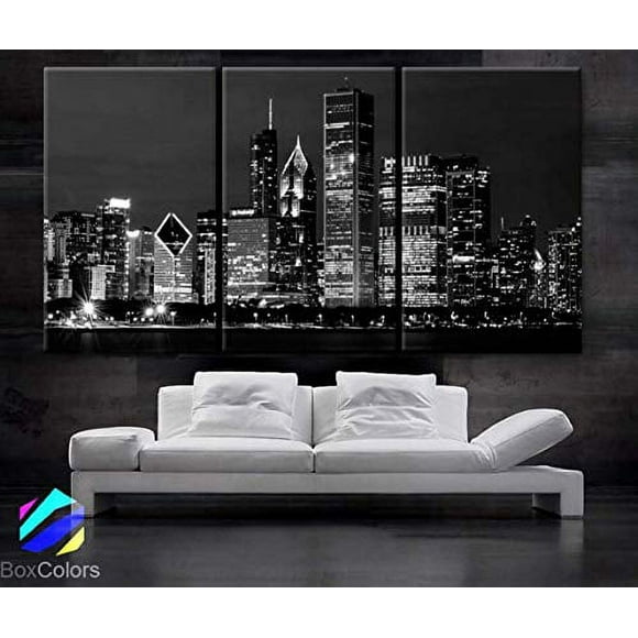 BoxColors - Large 30"x 60" 3 Panels 30"x20" Ea Art Canvas Print Beautiful Chicago Skyline At Night Light Buildings Wall Home (Included Framed 1.5" Depth)