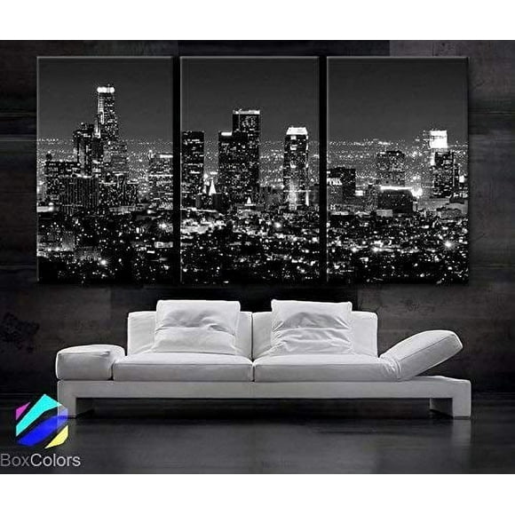 BoxColors - Large 30"x 60" 3 Panels 30"x20" Ea Art Canvas Print Beautiful Los Angeles Ca Skyline Black & White Wall Home (Included Framed 1.5" Depth)