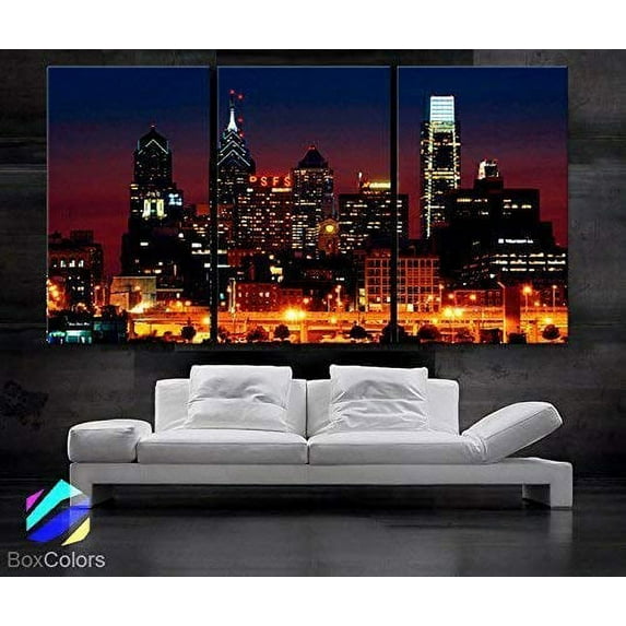 BoxColors - Large 30"x 60" 3 Panels 30"x20" Ea Art Canvas Print Beautiful Philadelphia skyline multi color buildings Downtown Wall Home (Included framed 1.5" depth)