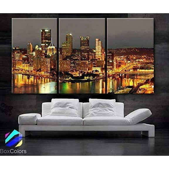 BoxColors - Large 30"x 60" 3 Panels 30"x20" Ea Art Canvas Print Beautiful Pittsburgh Downtown City Skyline multi color Wall Home (Included Framed 1.5" Depth)