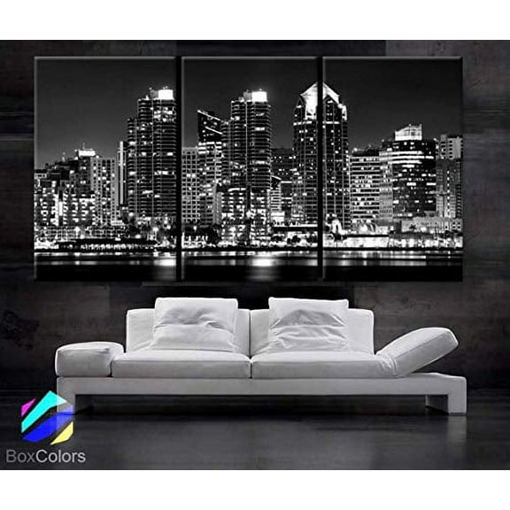 BoxColors - Large 30"x 60" 3 Panels 30"x20" Ea Art Canvas Print Beautiful San Diego Ca Skyline Light Buildings Downtown Wall Home Office Decor (Framed 1.5" Depth)