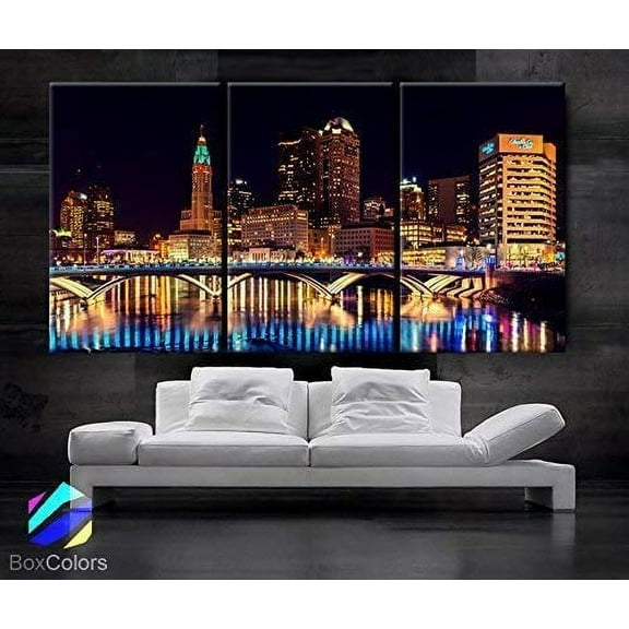BoxColors - Large 30"x 60" 3 Panels 30"x20" Ea Art Canvas Print Columbus Ohio Skyline Night Downtown multi color Wall Home Decor Interior (Framed 1.5" Depth)