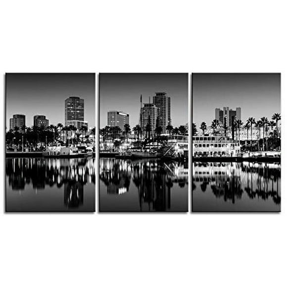 BoxColors - Large 30"x 60" 3 Panels 30"x20" Ea Art Canvas Print Long Beach Skyline Wall Home (Included Framed 1.5" Depth)
