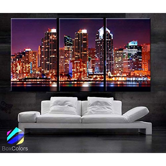 BoxColors - Large 30"x 60" 3 Panels 30"x20" Ea Art Canvas Print San Diego Ca Skyline Light Buildings Downtown multi color Wall Home Office Decor (Framed 1.5" Depth)