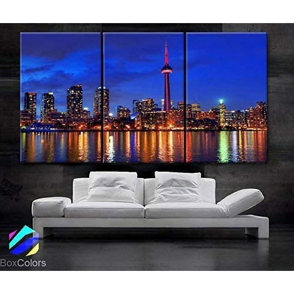 BoxColors - Large 30"x 60" 3 Panels 30"x20" Ea Art Canvas Print Toronto Canada Skyline Night Light Downtown Bridge Wall Home Decor Interior (Framed 1.5" Depth)