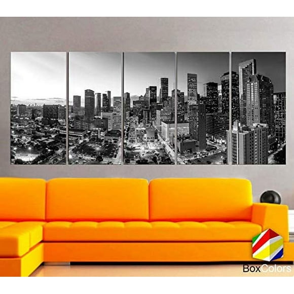 BoxColors - XLARGE 30"x 70" 5 Panels 30"x14" Ea Art Canvas Print Houston Texas skyline Black & white Wall Home decor (framed 1.5" depth)