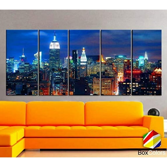 BoxColors - XLARGE 30"x 70" 5 Panels 30"x14" Ea Art Canvas Print New York Skyline night NY Downtown MultiColor Wall Home decor interior (framed 1.5" depth)