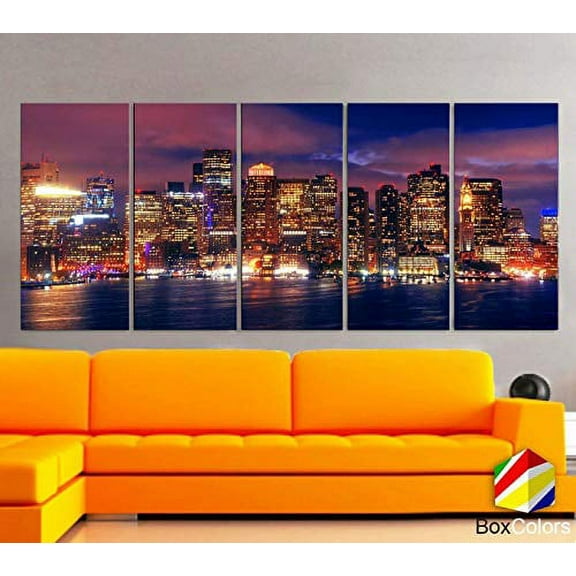 BoxColors - XLARGE 30"x 70" 5 Panels 30"x14" Ea Art Canvas Print beautiful Boston light Skyline night Multicolor Wall Home Office decor interior (framed 1.5" depth)
