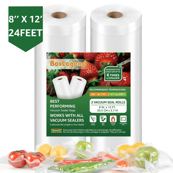 BoxLegend 2 Rolls 8" x 12' Vacuum Sealer Bags for Food, Vacuum Seal Bag for Food
