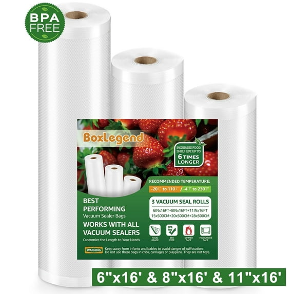 BoxLegend 3 Roll Vacuum Sealer Bags, 6"x16' & 8"x16' & 11"x16' Multiple Vacuum Seal Rolls for Food
