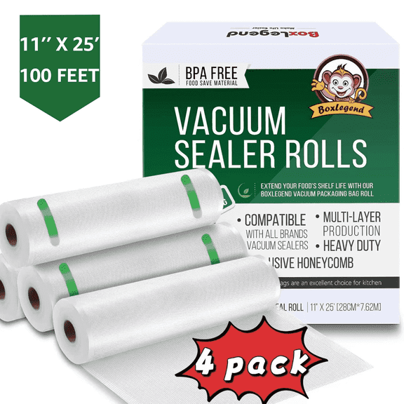 BoxLegend 4 Pack 11" x 25' Vacuum Sealer Bags for Food, Vacuum Seal Bags Rolls for Food, Food Saver Bags for Sealer