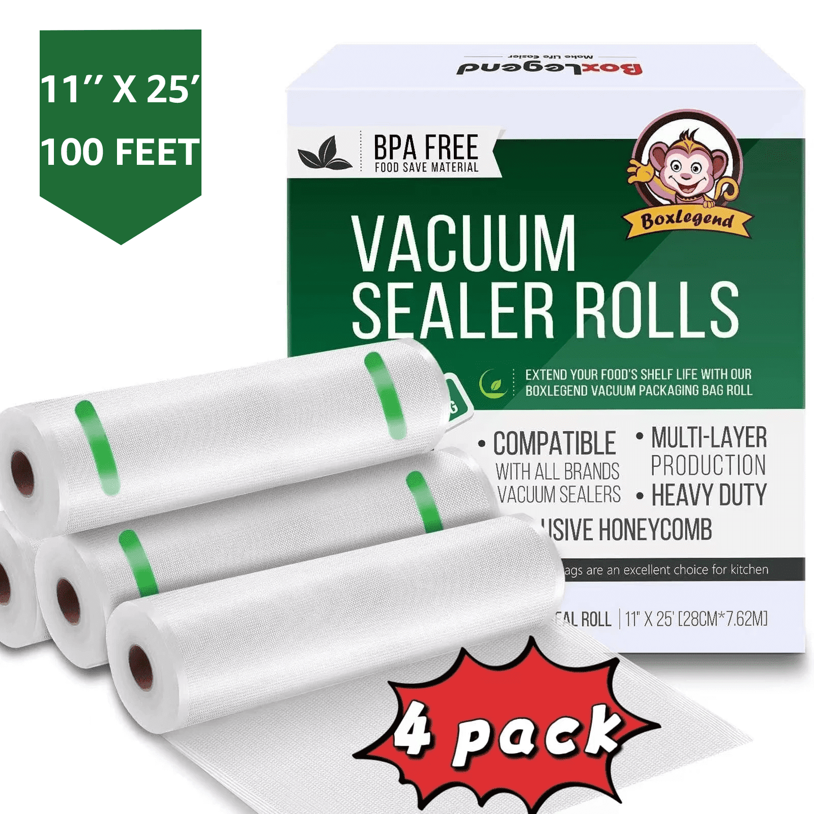 Walmart discounts of BoxLegend  4 Rolls 11" x 25' Vacuum Sealer Bags for Freezer Food Saver, Vacuum Seal Rolls Food Storage Bags