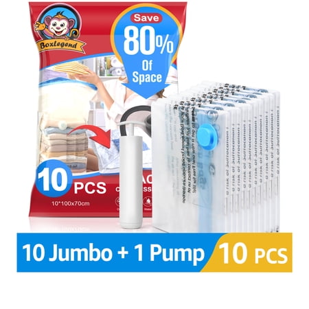 BoxLegend Vacuum Storage Bags 10 Jumbo Vacuum Seal Bags for Clothes Space Saver Bags with a Hand Pump