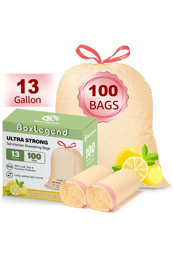 13 Gallon Trash Bags, Lemon Scent (100 Count), Tall Kitchen Drawstring Garbage Bags 10-13 Gallon, Light Yellow