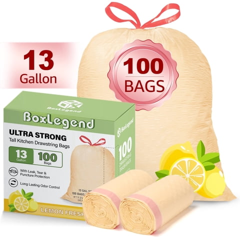 BoxLegend 13 Gallon Trash Bags, Lemon Scent (100 Count), Tall Kitchen Drawstring Garbage Bags 10-13 Gallon, Light Yellow