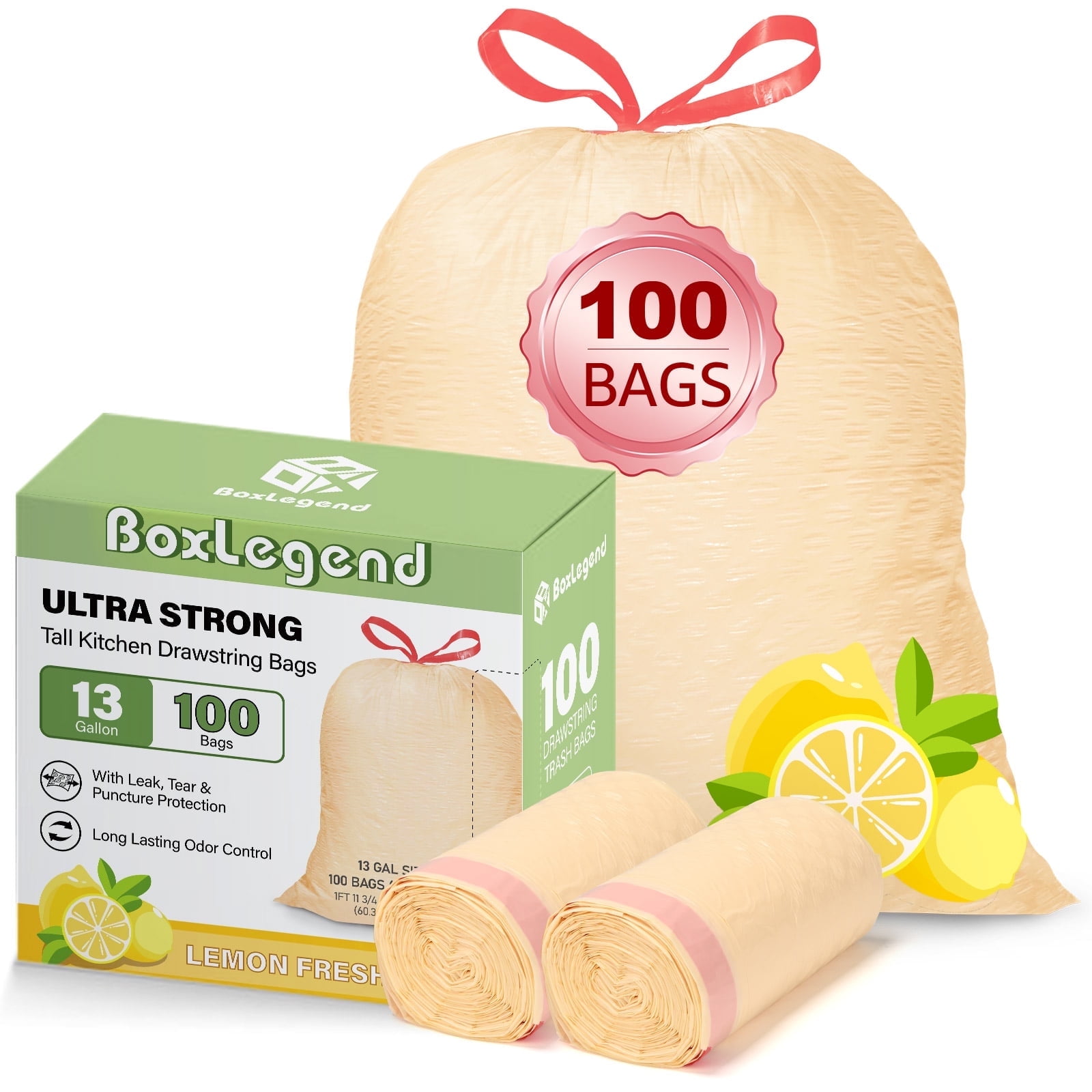 Walmart discount codes: BoxLegend Trash Bags, Ultra Strong 13 Gallon Drawstring Tall Kitchen Garbage Bags, Lemon Scent, 100 Pcs, Light Yellow