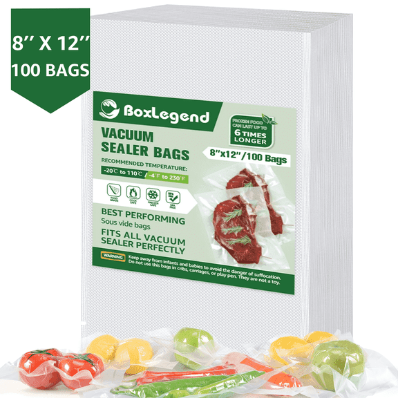 BoxLegend Vacuum Sealer Bags, 8"x 12"x 100 Count Pre-Cut Food Vacuum Seal Bags,Clear