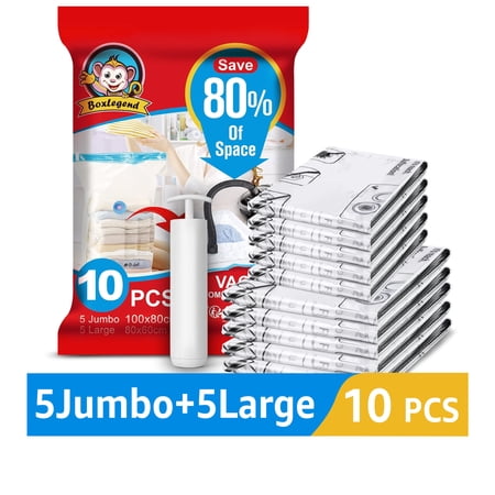 BoxLegend 10 Pack Vacuum Storage Bags for Clothes 5 Jumbo&5 Large Space Saver Compression Bags with a Hand Pump