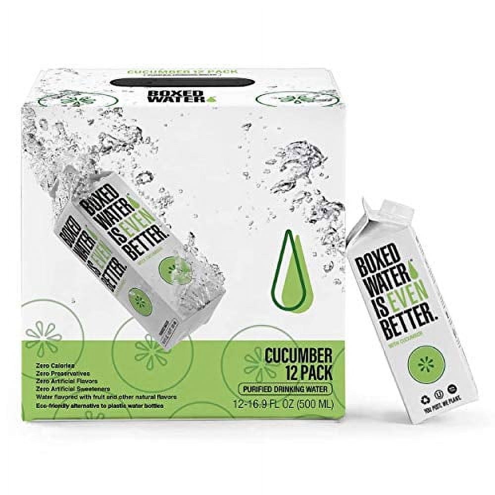 Boxed Water 16.9 oz. (12 Pack) Cucumber Flavored Water - Purified Drinking Water in 92% Plant-Based Boxes  Zero Calories & Sugar Free, More Sustainable than Plastic Bottled Water