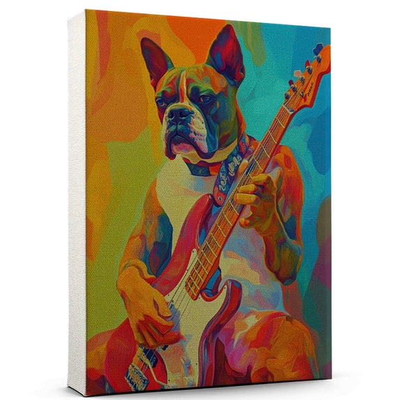 Boxer Cute Dog Bass Guitar Stretched Canvas Size 8x12 – Retro Boxer Dog Batter in Action With Bass Guitar for Themed Living Room
