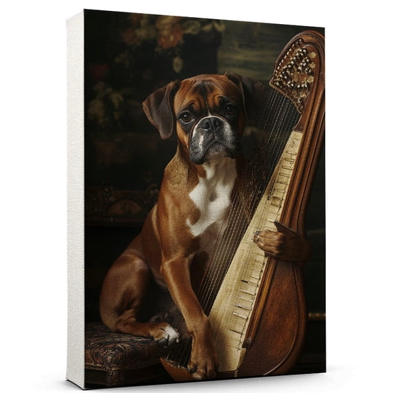 Boxer Cute Dog Harp Stretched Canvas Size 8x12 – Retro Boxer Dog Batter in Action With Harp for Themed Living Room