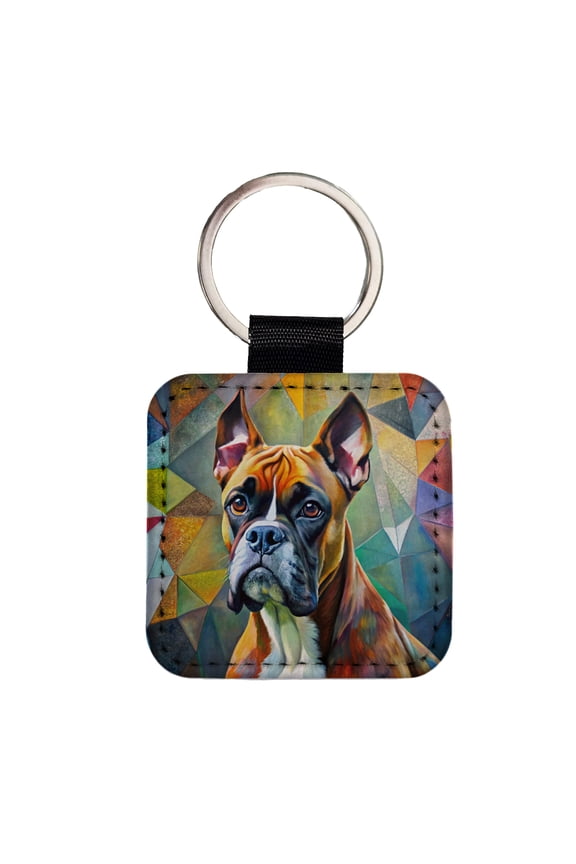 Boxer Dog Abstract Art Faux Leather Square Keychain