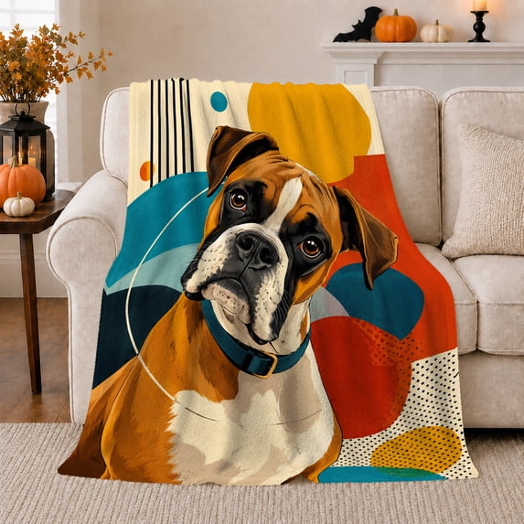 Boxer Dog and Abstract Color Blocks Print Soft Flannel Blanket, Animal Art Style for Animal Art Lovers, Housewarming Gift for Bedroom and Living Room, Home Decor