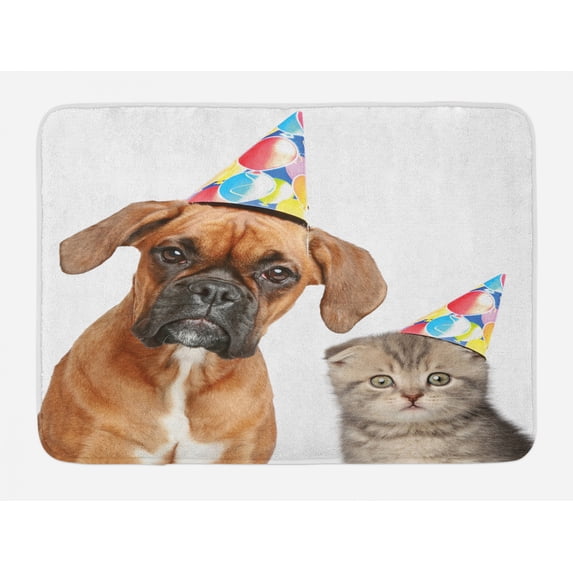 Boxer Dog Bath Mat, Funny Animal Humorous Image of Boxer Dog and Scottish Fold Cat in Party Caps, Plush Bathroom Decor Mat with Non Slip Backing, 29.5" X 17.5", Multicolor, by Ambesonne