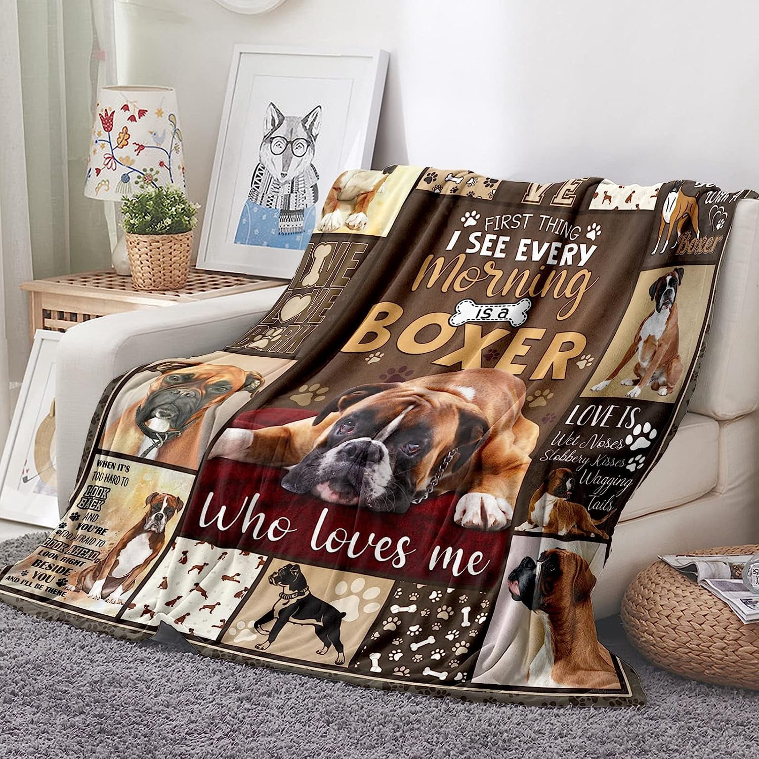Boxer Dog Blanket Cute Puppy Throw Blanket Super Soft Flannel Throw Blanket Lightweight Fluffy Plush Fuzzy Bed Blanket for Cute Pet 60"X80"