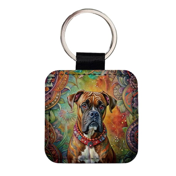 Boxer Dog Bohemian Art Faux Leather Square Keychain