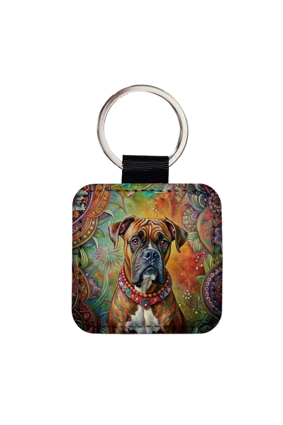 Boxer Dog Bohemian Art Faux Leather Square Keychain