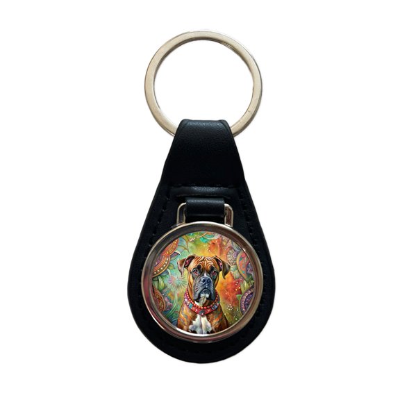 Boxer Dog Bohemian Art Metal Black Leather Keychain