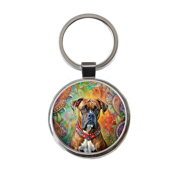 Boxer Dog Bohemian Art Metal Round Keychain