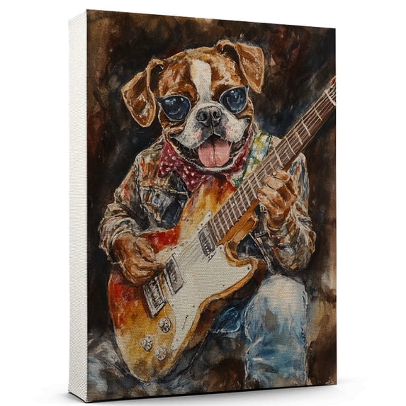 Boxer Dog Canvas Guitar Stretched Canvas Size 8x12 – Funny Boxer Dog Canvas Wall Decor, Funny Dog Wall Art for Guitar Room