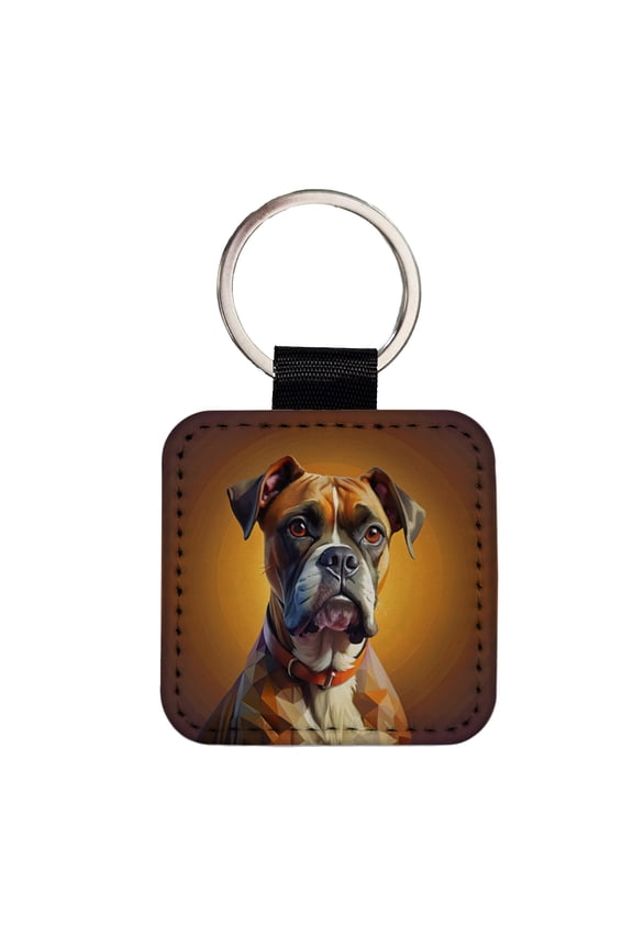 Boxer Dog Contemporary Art Faux Leather Square Keychain