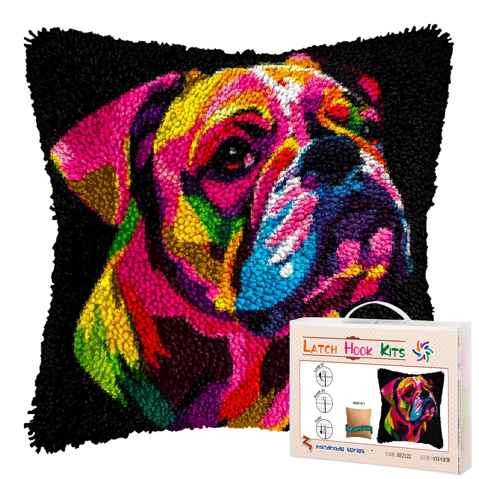 Boxer Dog DIY Latch Hook Pillow Kits for Adults Printed Pillowcase Crochet Yarns Hooking Handmade Pillow Cover Cushion for Home Sofa Decoration 17x17inch