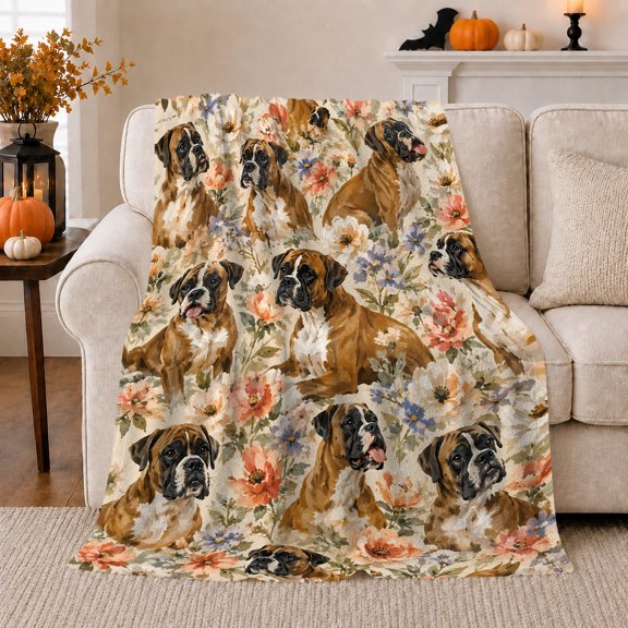 Boxer Dog Floral Portrait Collage, Cozy Pet Portrait Pattern, Warm Flannel Blanket for Living Room and Bedroom, Dog Lovers Just Because Gift, Pet Lover Home Decor